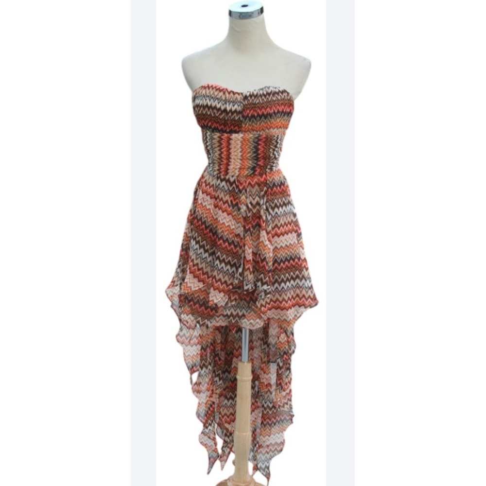 Quiro Large Strapless Chevron Print Dress High‎ Low Hem Party Cocktail Cute